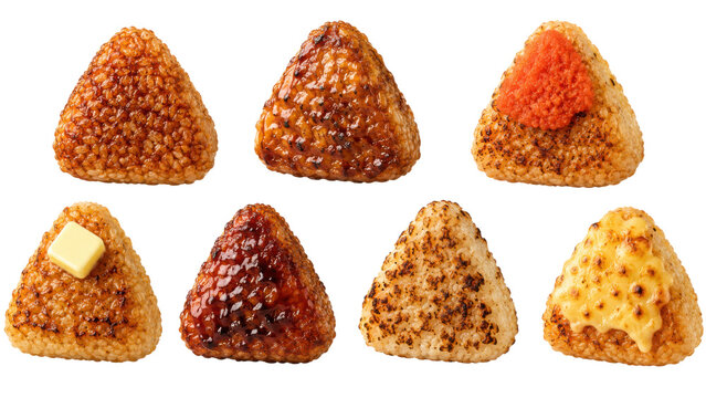 Grilled onigiri collection with soy glaze, mentaiko, butter and melted cheese isolated on transparent background
