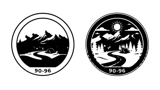 Set of two vintage style oval mountain camping badges with winding roads and pine tree forests