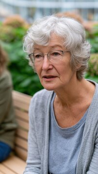 Elderly woman with gray hair and glasses sits on a bench in a garden, engaged in conversation with a companion, surrounded by lush green plants and flowers