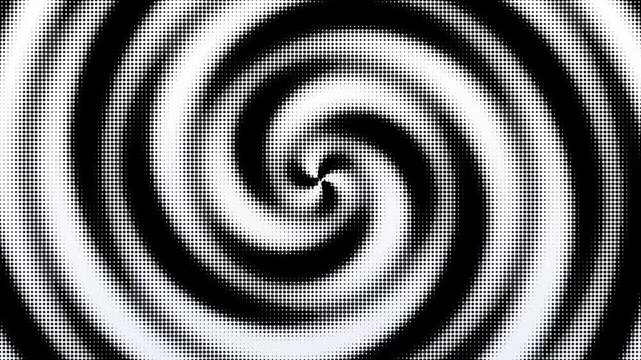 Abstract black and white spiral pattern made of small dots creating a hypnotic circle vortex effect for modern graphic design backgrounds and creative visual art projects
