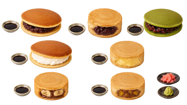 Japanese Dorayaki Dessert Assortment with Kuromitsu Sauce and Assorted Fillings for Cafe Menu Design