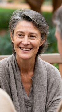 Middle-aged woman with gray hair wearing a beige shawl smiles while engaging in conversation with two people in a natural outdoor setting surrounded by greenery