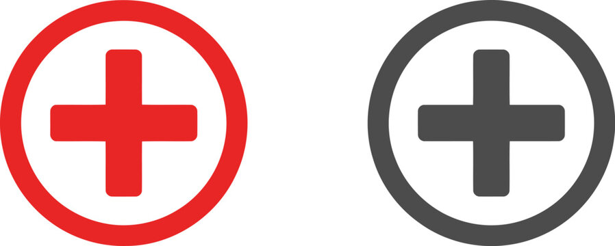 Two medical cross symbols in red and gray colors isolated on white background representing health and emergency services in a simple and modern design for medical and healthcare applications