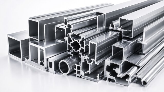 Assorted shiny aluminum extrusions and metal profiles in various shapes and sizes for industrial and architectural use