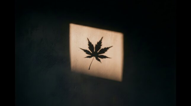 Leaf silhouette projected on a wall. Cannabis plant shadow in a dark room.