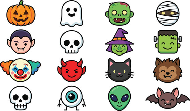Cute Halloween avatar icon set, cartoon spooky monster faces vector.