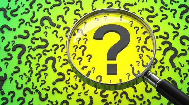 Question mark background, a vibrant green pattern of black question marks, with a large yellow magnifying glass highlighting a central question mark