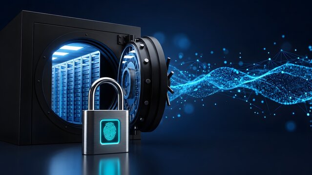 Cybersecurity data protection concept showing open bank vault revealing server racks protected by digital fingerprint padlock