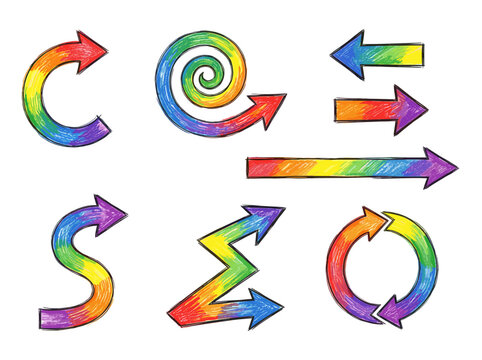 Hand drawing rainbow colored arrows set demonstrating direction and movement