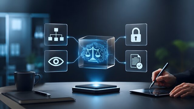 Legal technology compliance concept displaying digital brain with scales of justice hologram and corporate governance icons