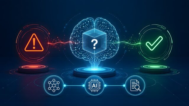 Machine learning decision making concept showing digital brain processing data between warning error and green approval