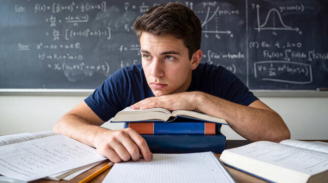 A student with textbooks in the classroom takes notes on information against the background of a blackboard with mathematical formulas. A lecture on mathematics at an educational institution