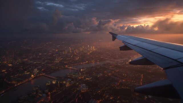 Airplane wing over a city at sunset flight.