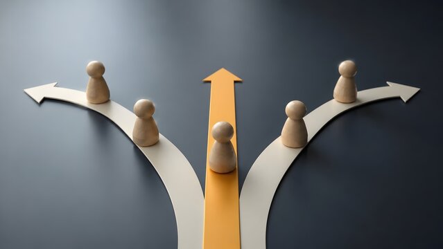 Career development decision making concept showing wooden figure taking central forward path while alternatives diverge