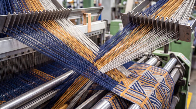 A loom while working at a textile factory. Fabric production on industrial equipment in the workshop