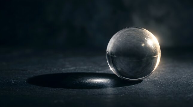 Glass orb on dark surface. Transparent crystal sphere reflecting light on black background.