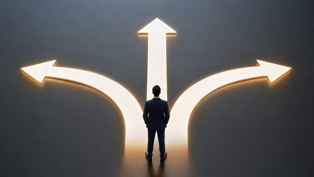Business strategy decision making concept showing executive businessman standing before diverging glowing arrow paths
