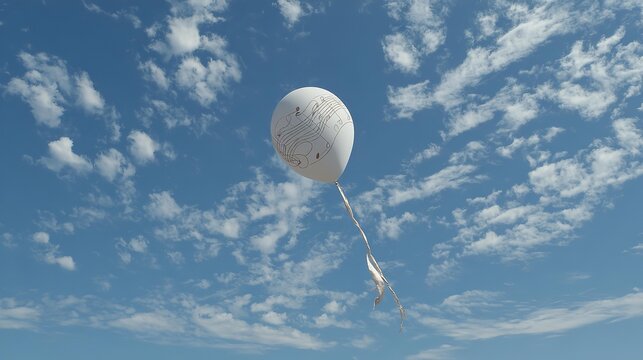 White balloon drifts high in blue sky