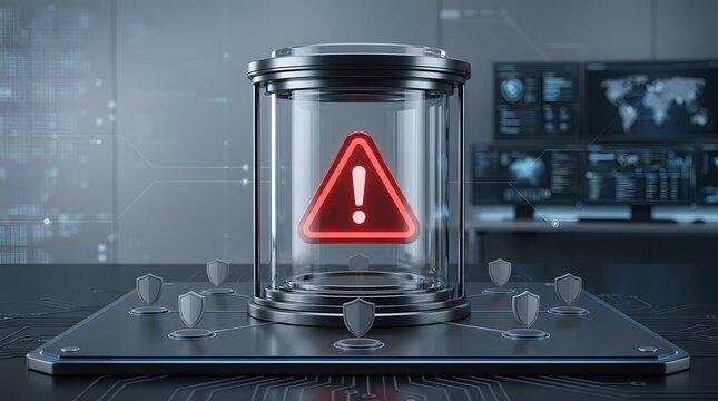 Cybersecurity threat containment concept showing glowing red warning alert isolated inside glass cylinder with digital shields