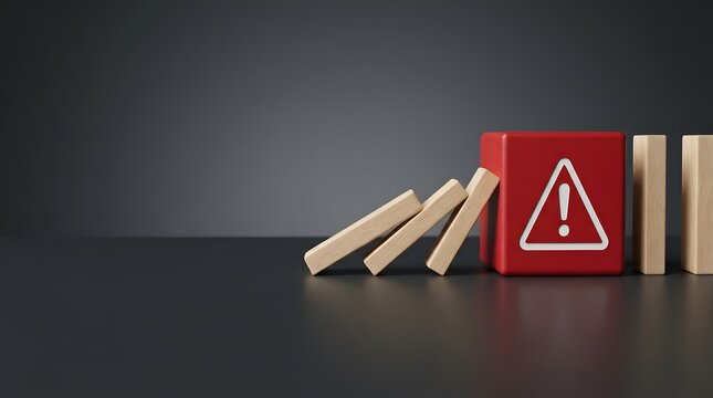Business risk management crisis prevention concept showing red warning block stopping falling wooden domino chain
