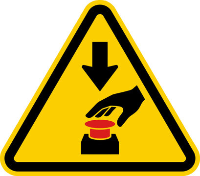 Emergency stop button warning sign with hand pressing red button on yellow triangle indicating urgent action required for safety and prevention of accidents isolated on white background