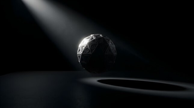 Metallic sphere suspended in darkness. Abstract 3D orb illuminated by a dramatic spotlight.