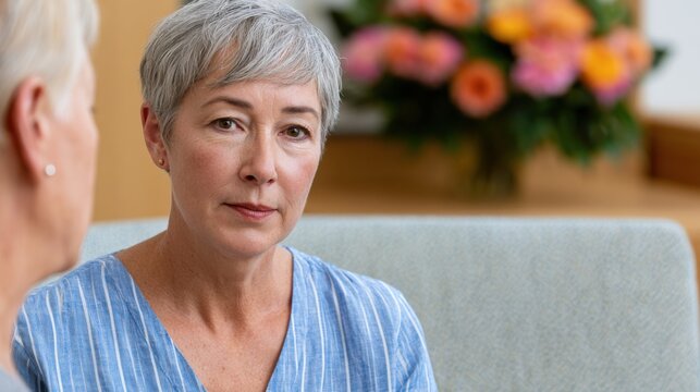 Mature woman with short gray hair listens attentively during a grief support session, soft floral arrangement visible in the background, creating a calming atmosphere