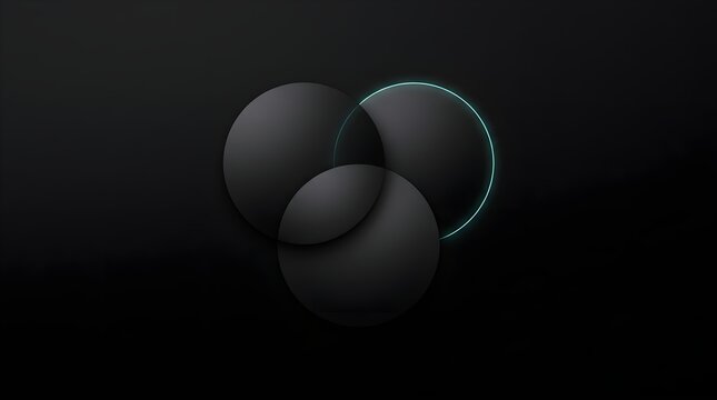 Three overlapping black circles. Abstract dark background with glowing digital ring.