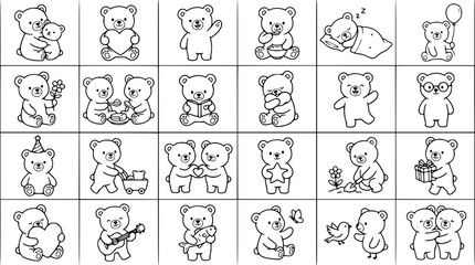 Obraz premium Bear Icons Set of Cute Cartoon Animals with Different Poses and Accessories in a Thin Line Style Featuring Teddy, Animal, Icon
