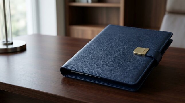 Closed blue leather journal with gold clasp on wooden desk