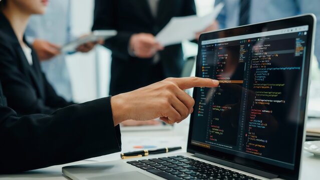 Professional software developer pointing at computer screen with code in the office