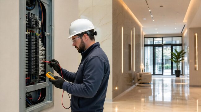 Electrician testing electrical panel with multimeter