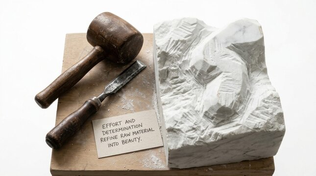 Sculptors chisel and mallet beside unfinished stone sculpture