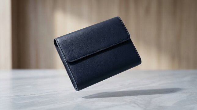 Elegant dark leather bifold wallet floating against textured background