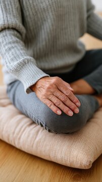 Senior woman practicing mindfulness meditation with hand resting on knee while seated on a cushion in a serene indoor environment with wooden flooring