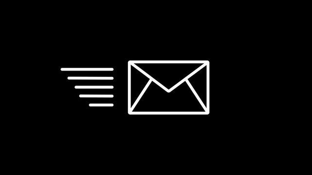 animated email sending icon with minimalist white line on black background, digital communication and message delivery concept