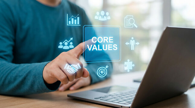 Core Values Selection: A person selects 'Core Values' on a digital interface, surrounded by icons representing business growth, teamwork, research, and goal achievement.