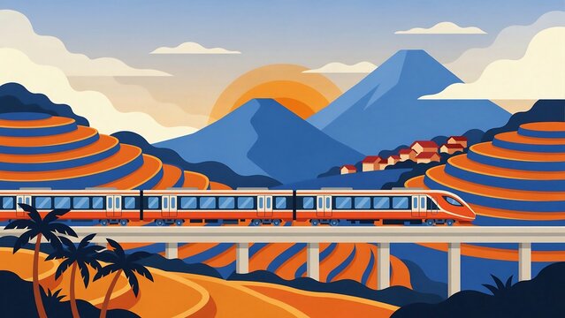 Flat vector illustration of a modern Indonesian train traveling through a landscape of rice fields a