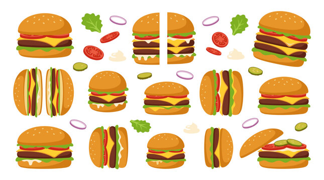 Collection of hamburgers and ingredients including lettuce, tomato slices, onions, and pickles, isolated on a white background, simple flat