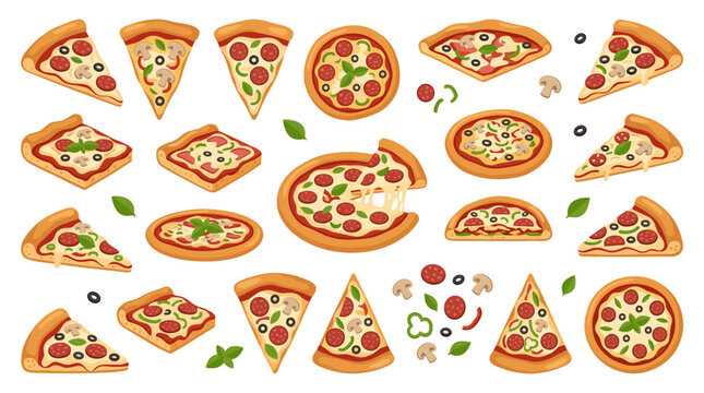 Assortment of pizza slices and whole pizzas with various toppings, set against a neutral background, italian food illustrations