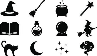Set of black magic and witchcraft including a witch hat, broom, cauldron, wand, spell book, potion bottle, crystal ball, and moon © GFX