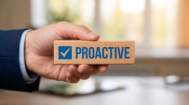Proactive Mindset in Action: A man's hand, clad in a suit sleeve, firmly holds a wooden block with the word PROACTIVE stamped on it, accompanied by a blue checkmark.