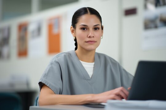 Hispanic healthcare professional sitting at a desk, working on a laptop, looking directly at the viewer, representing dedication and modern medical administration