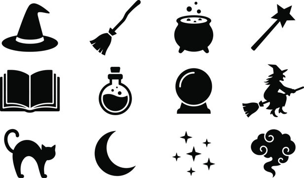 Set of black magic and witchcraft including a witch hat, broom, cauldron, wand, spell book, potion bottle, crystal ball, and moon