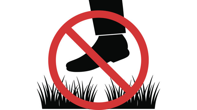 No walking on grass sign with a black silhouette of a shoe inside a red prohibition circle