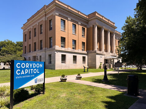 Harrison County Courthouse with the Corydon Capital State Historic Site Sign in front