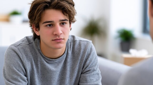 Young male in gray sweater sitting on a couch, engaged in a serious conversation with another person in a bright, modern indoor setting with plants visible