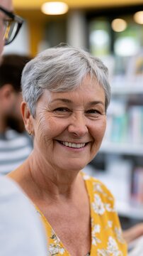 Senior woman with short gray hair smiles warmly while standing in a library, surrounded by shelves filled with books and soft natural lighting