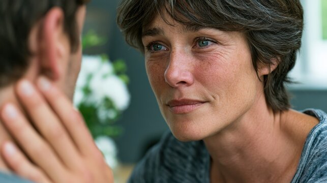 Woman with short brown hair gazes intently at a man, showing empathy and understanding in a softly lit indoor setting with greenery in the background