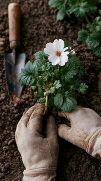 Hands in gardening gloves planting a white flower in rich soil with a trowel resting nearby, showcasing the nurturing aspect of gardening and nature's beauty